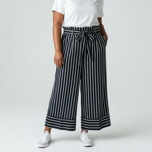 Banana Republic Blake Navy White Striped Paperbag Wide-Leg Pants Size 10